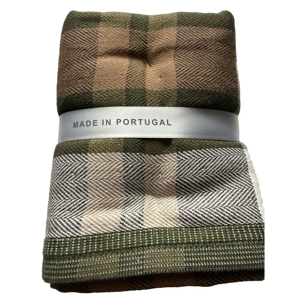 2 Felpinter Hand Towels X-Long Combed Cotton Soft Made in Portugal Plaid Green